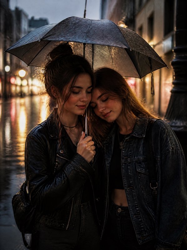 Two women share a black umbrella under rain on a city street at night, leaning together.