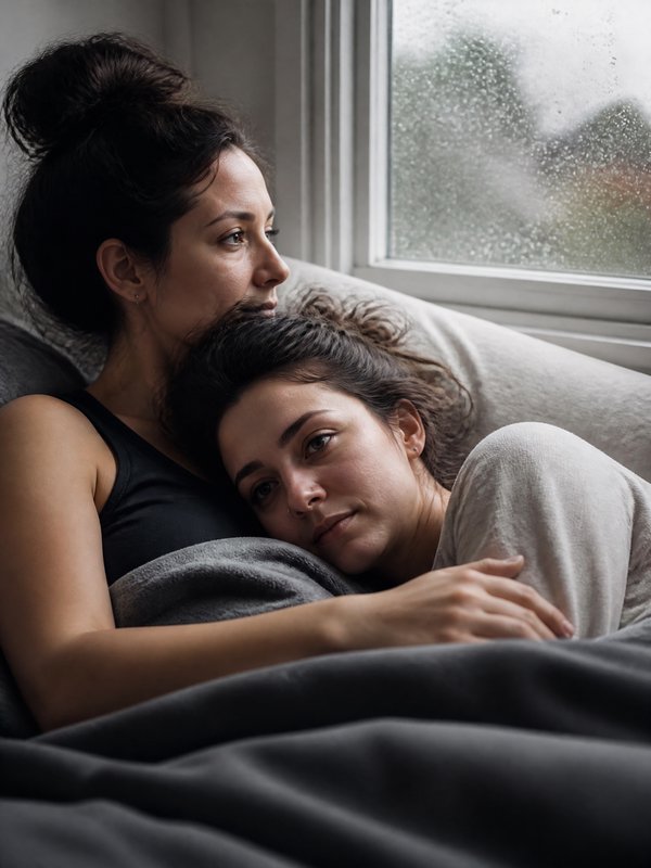 Two women cuddling on a sofa by a rain-streaked window.