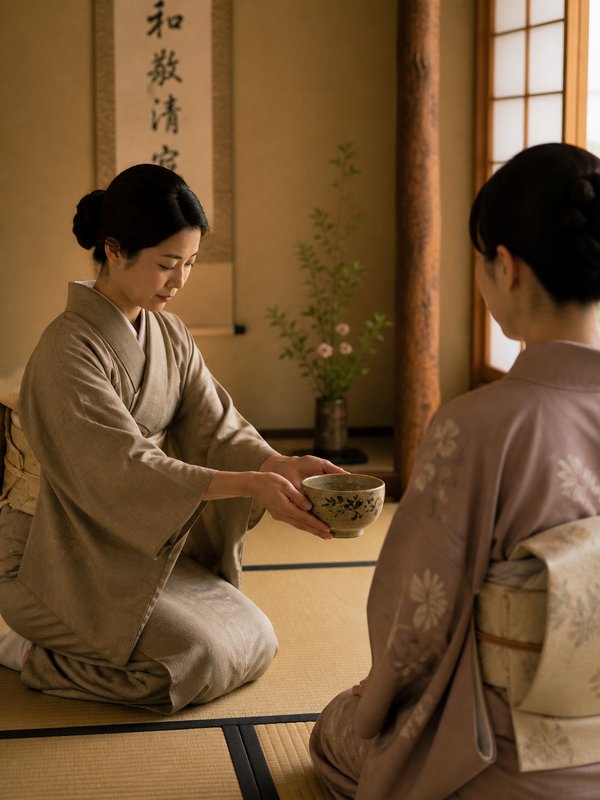 Two women in kimonos performing a traditional Japanese tea ceremony indoors.