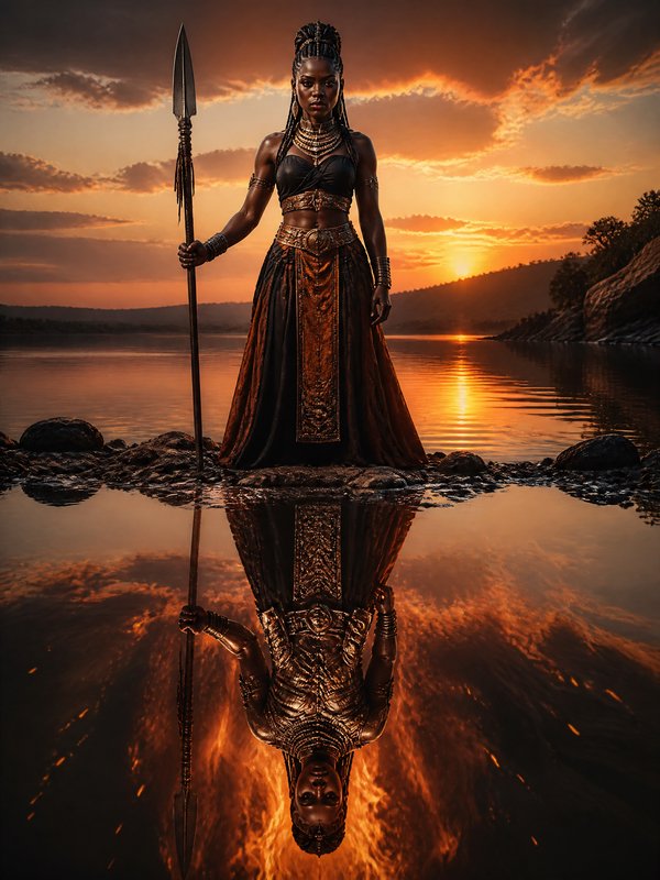 Dark-skinned warrior woman standing on rocky shore at sunset, holding a spear.