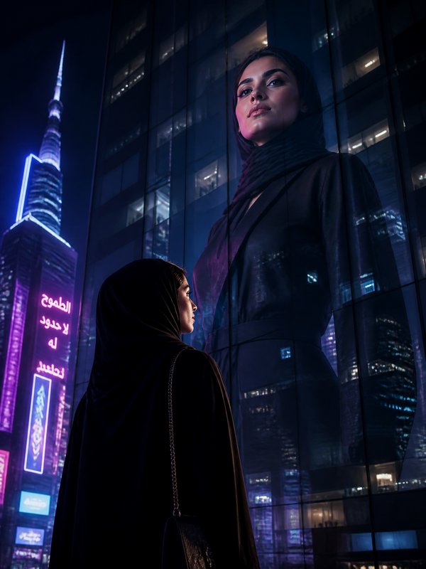 Woman in hijab standing before a glass skyscraper at night with neon city lights and reflections