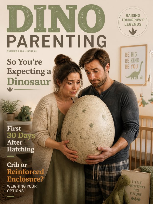 A couple cradles a giant dinosaur egg on a cozy home set, magazine cover style.