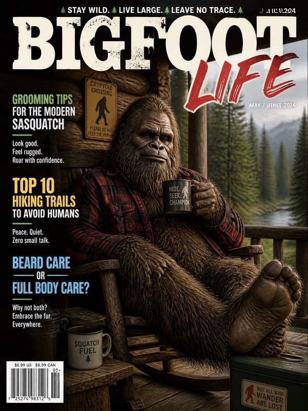 A relaxed Sasquatch sits on a wooden porch with a mug, on the Bigfoot Life magazine cover set against a forest backdrop.
