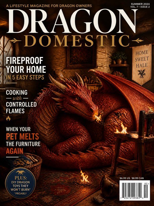 Red dragon lounging by a lit fireplace in a cozy rustic living room, on a magazine cover.