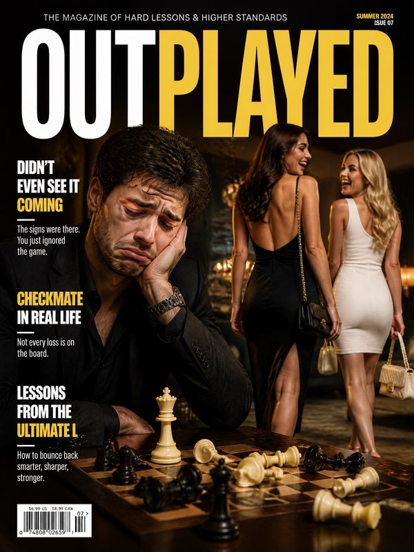 Man sits at a chessboard looking distressed while two women chat in the background on a glossy magazine cover.