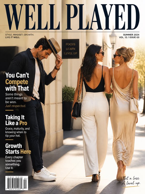 A fashion-forward magazine cover titled "WELL PLAYED" featuring three stylish adults walking on a sunny city street.