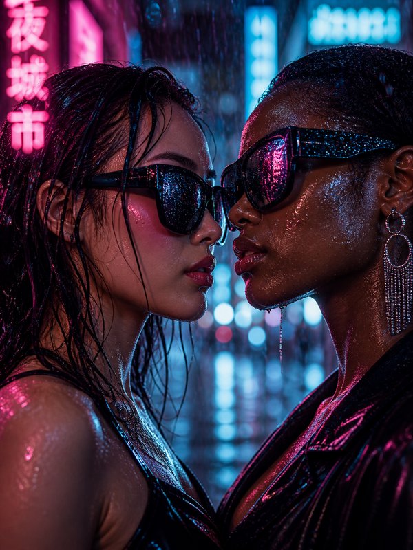 Two women wearing oversized sunglasses close faces under neon rain-soaked city lights.
