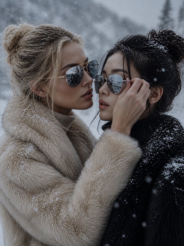 Two stylish women in fur coats wearing mirrored sunglasses in a snowy, intimate pose.