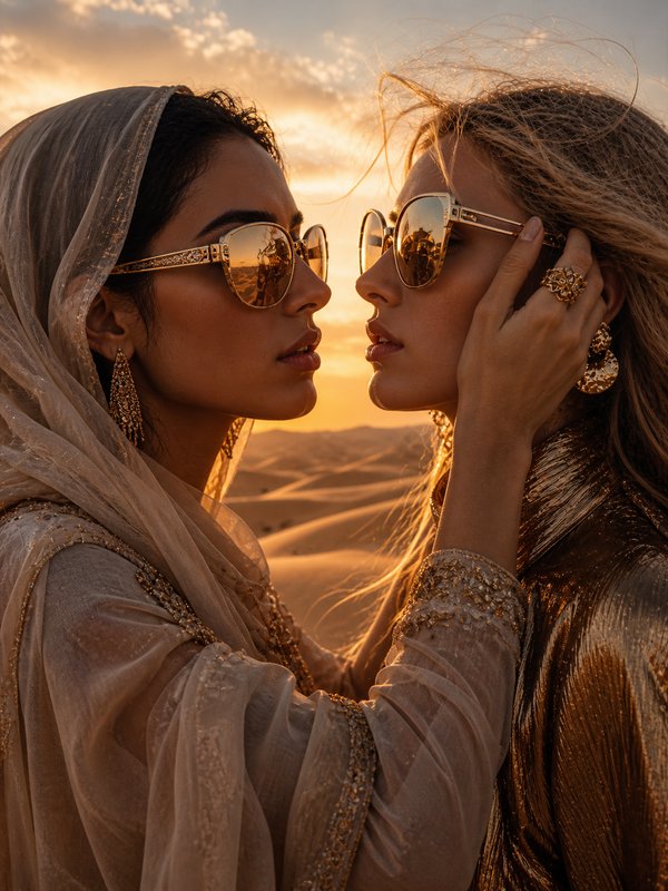 Two women in luxurious outfits and sunglasses share a close moment at sunset in the desert