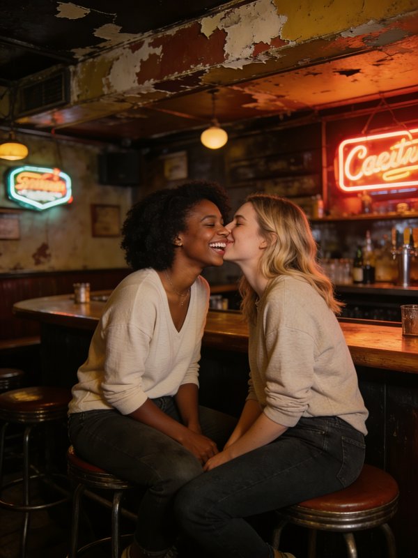 Two women sharing a kiss at a rustic bar with warm lighting and neon signs.