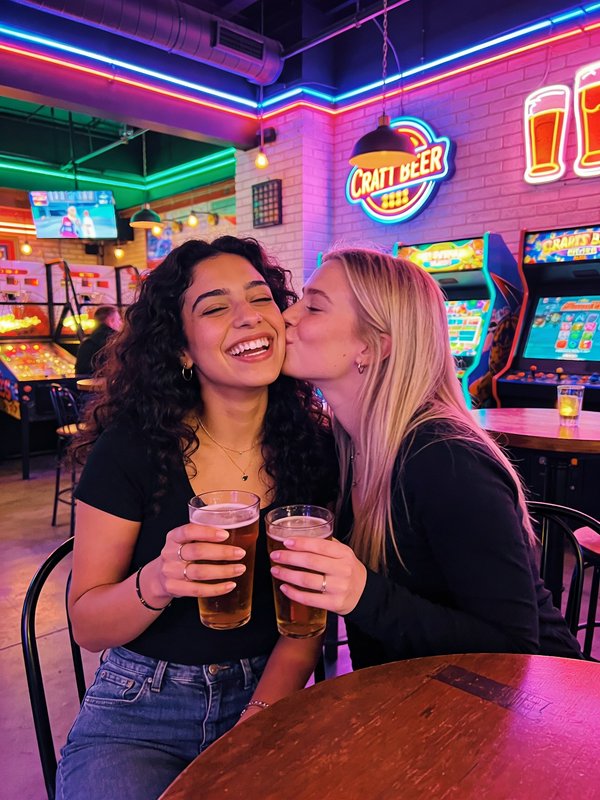 Two friends smiling with beers in a neon-lit arcade bar; one kisses the other on the cheek.
