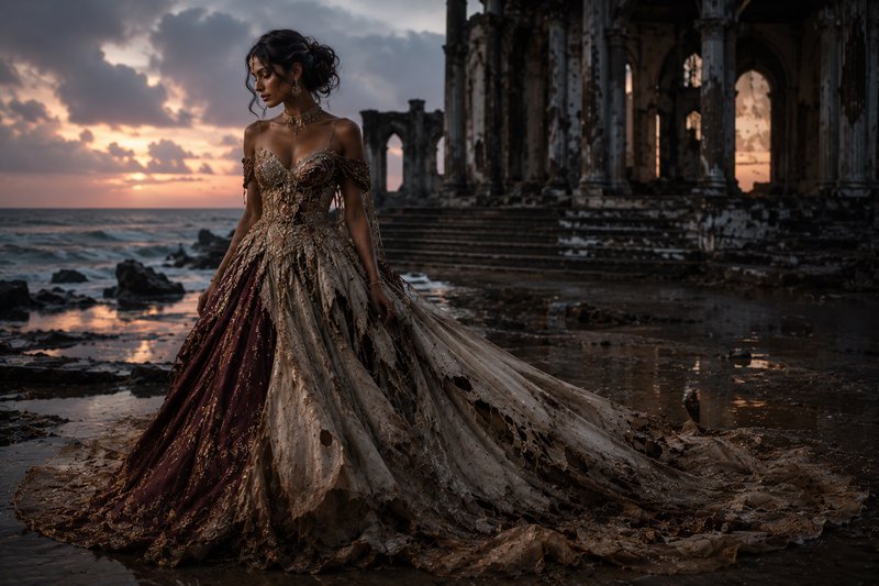 Woman in an ornate, distressed ball gown on a muddy beach at sunset beside ruined arches.