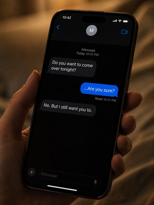 Close-up of a hand holding a black iPhone showing a dimly lit iMessage chat about meeting tonight.