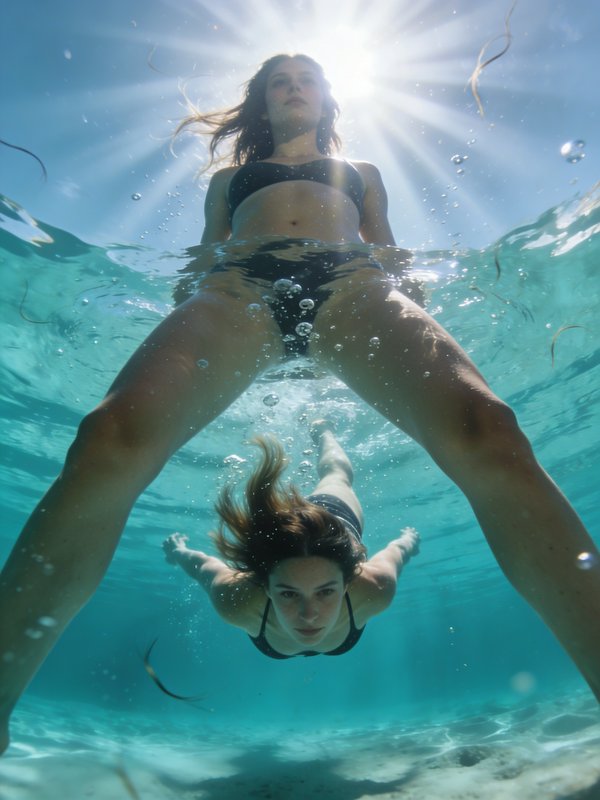 Underwater photo of two women swimming, one near the surface in a black bikini with sunburst behind.