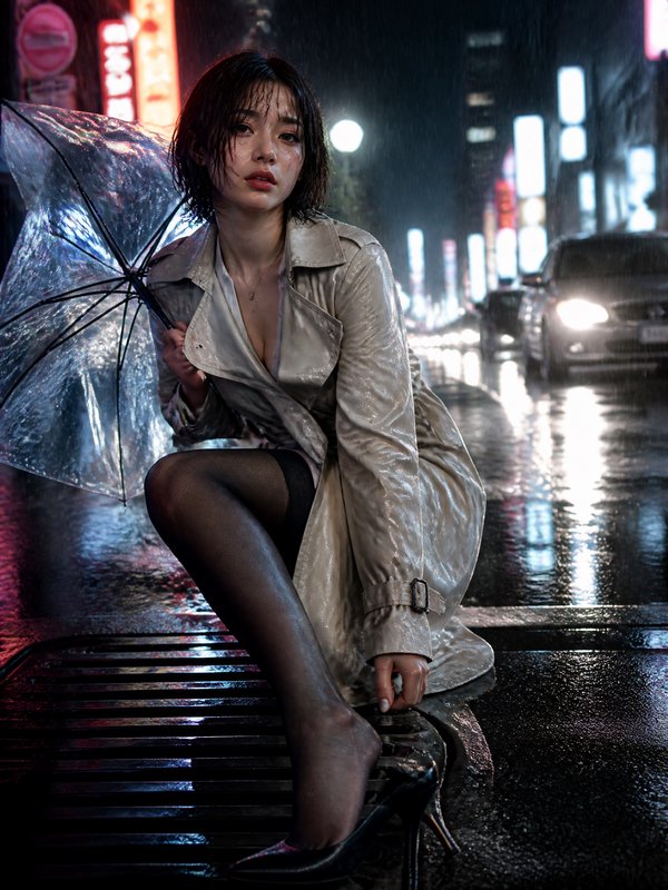 Woman in a beige trench coat crouches in the rain on a neon-lit city street, holding a clear umbrella.