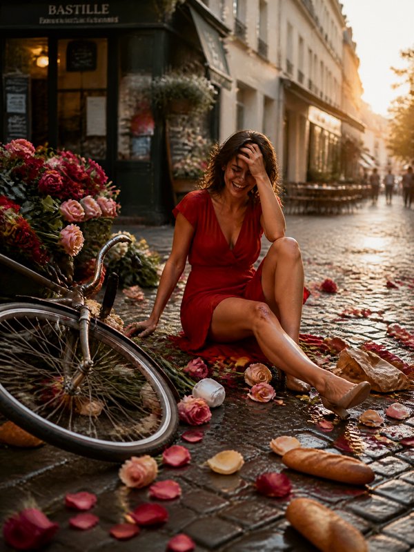 A woman in a red dress sits on a flower-covered cobblestone street with a bicycle beside her at sunset.
