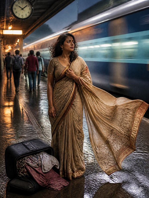 Woman in a beige sari at a rain-soaked train platform with a moving blue train in the background.