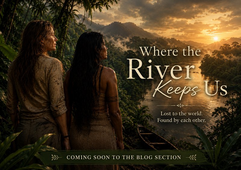 Two women in a jungle overlook a golden river at sunset with promotional text overlay.