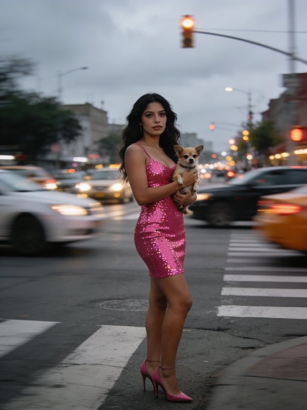 A woman in a pink sequin mini dress stands on a city crosswalk, holding a small Chihuahua as blurred traffic passes behind.