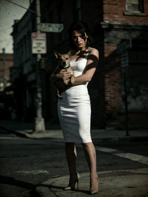 Woman in a white dress holding a small tan dog on a dim urban street.