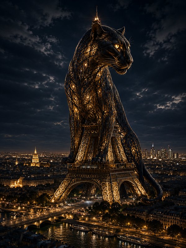 Nighttime image of a giant illuminated cat sculpture perched on the Eiffel Tower in Paris.