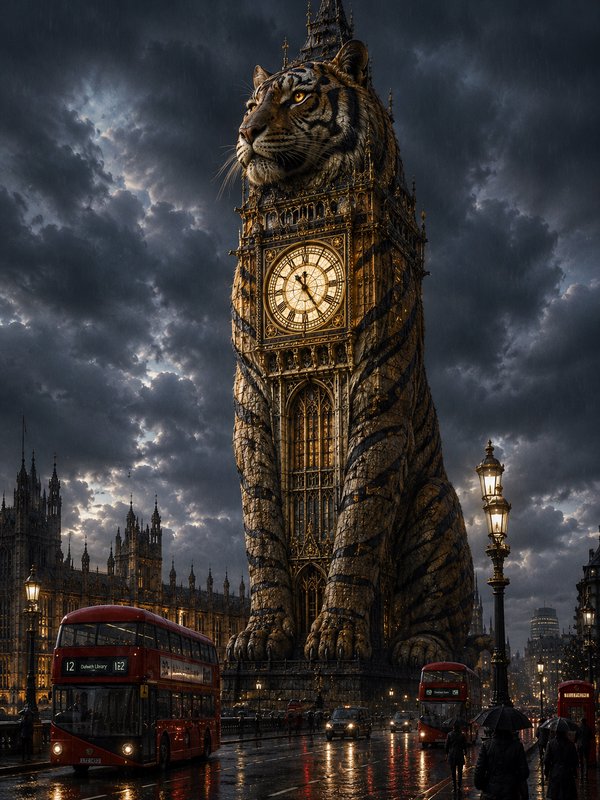 Tiger statue entwined around Big Ben in London at night with red double-decker buses.