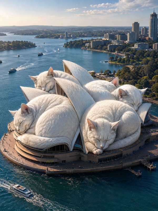 White cats curled up atop the Sydney Opera House, forming a whimsical giant-cat sculpture overlooking the harbor.