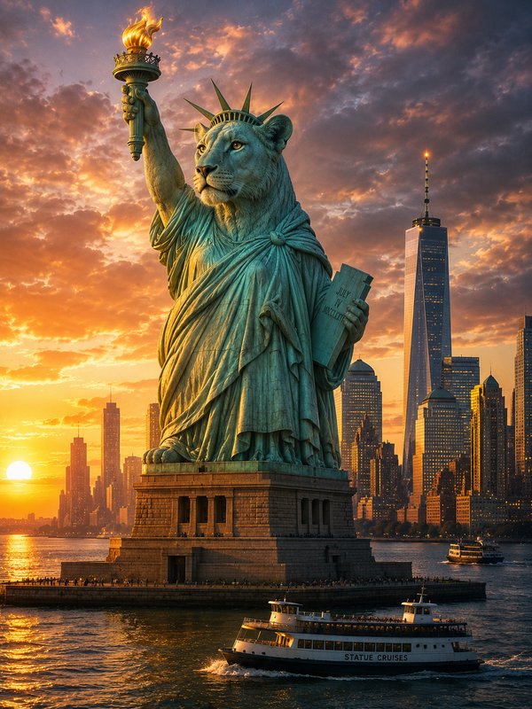 Statue of Liberty at sunset with NYC skyline in the background.