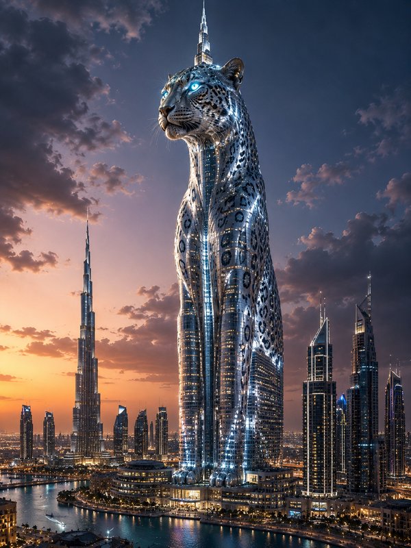 Giant illuminated leopard statue towering over Dubai skyline at dusk near Burj Khalifa