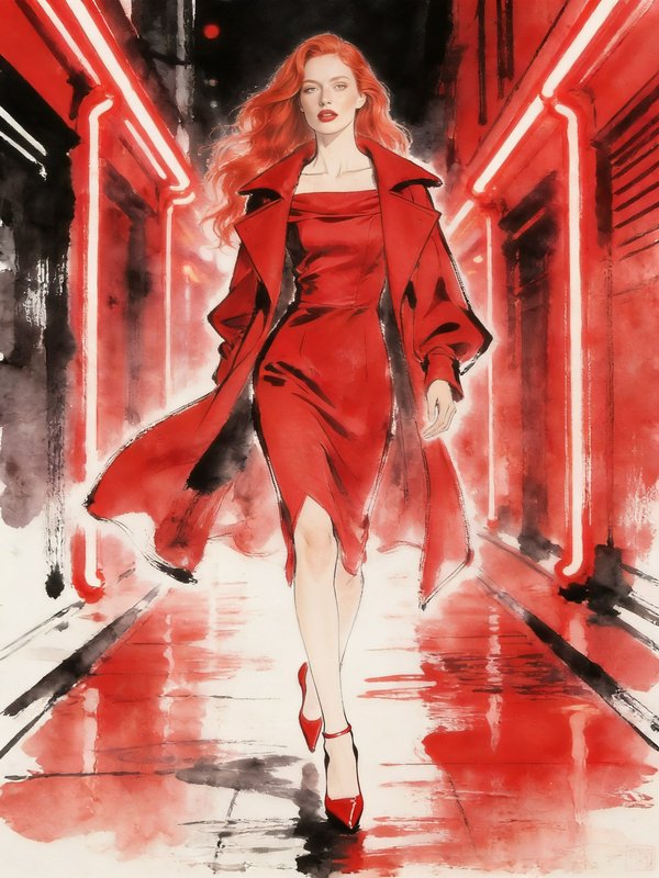 Stylish red-haired woman in a red dress and coat walking through a neon red-lit alley.