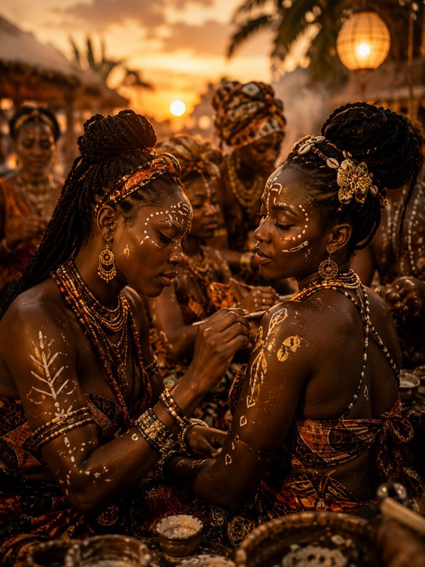 Group of African women with white body paint and bead jewelry at sunset festival.