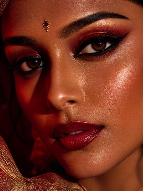 Close-up of glamorous makeup with bold winged eyeliner, red lips, and a decorative bindi.