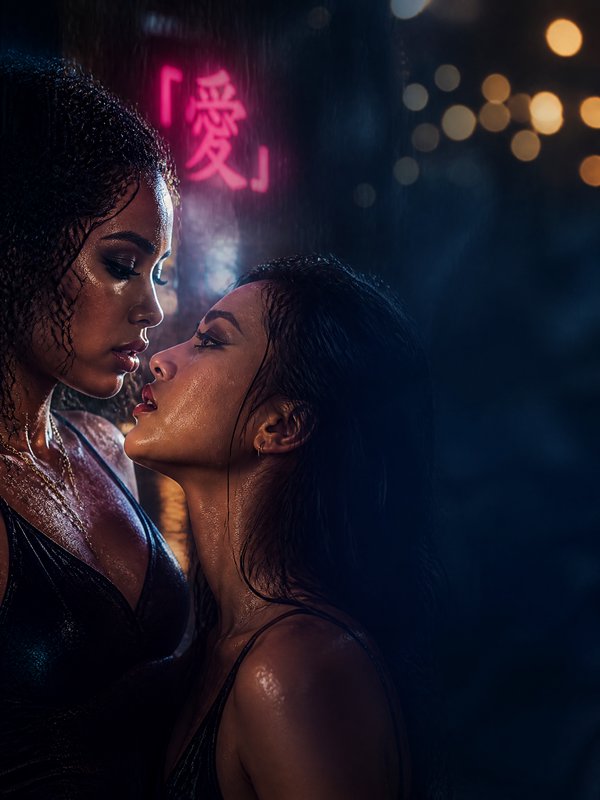 Two women in wet outfits share an intimate kiss in the rain under neon city lights.