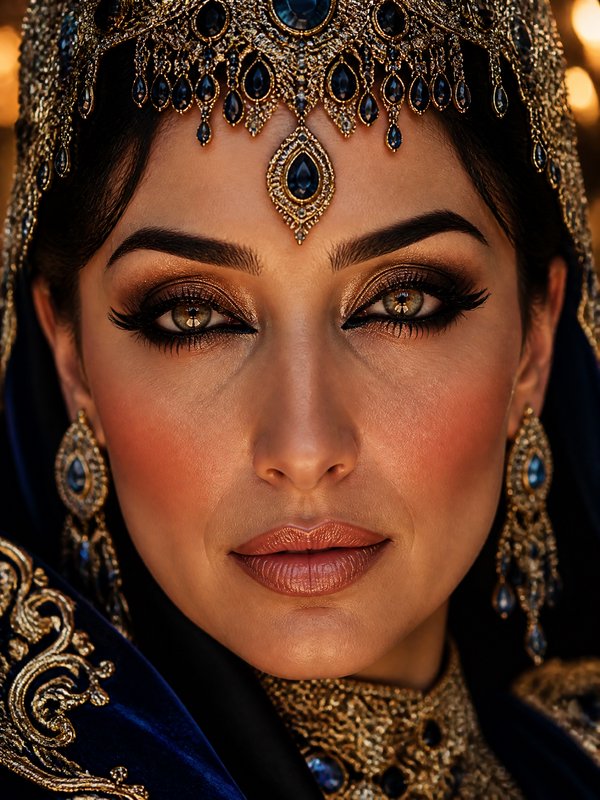 Close-up of a woman wearing an ornate gold and blue jeweled headpiece with matching earrings.