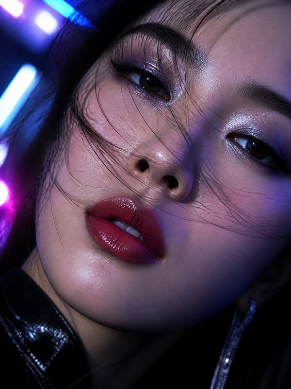 Close-up portrait of a model with metallic purple eye makeup and glossy red lips under neon lights.