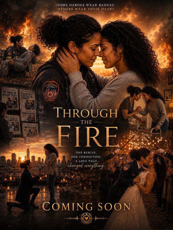 Two women embrace amid flames with firefighters, romance, and a Coming Soon poster for Through the Fire.