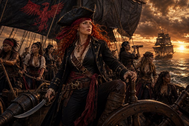 Pirate woman with red hair steering a ship on the deck at sunset, surrounded by a loyal pirate crew.