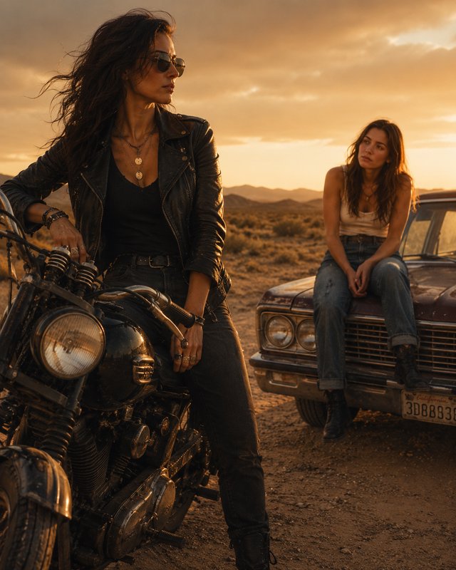Two women in a desert at sunset with a motorcycle and an old truck nearby