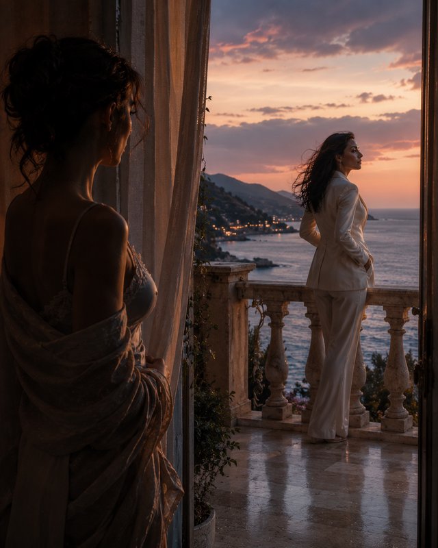 Two women on a seaside balcony at sunset; one inside in a lace dress, the other in a white suit gazing at the coast.