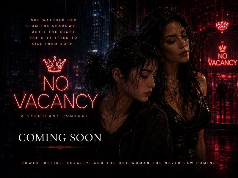Two women in a neon-lit cyberpunk cityscape with the No Vacancy title and "Coming Soon" text.