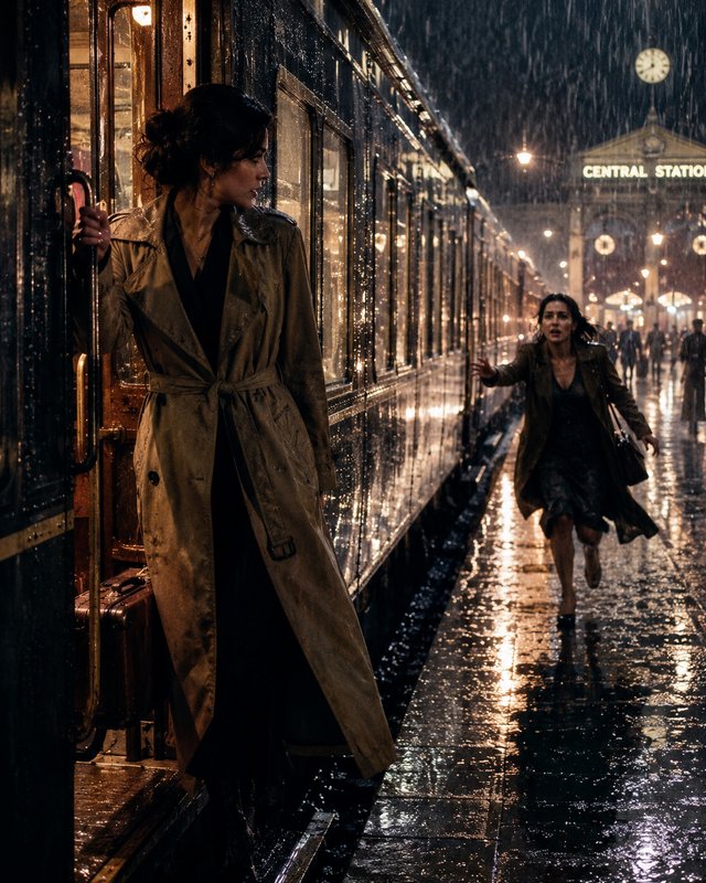 Two women in trench coats at a rain-soaked night train station, one boarding a vintage train.