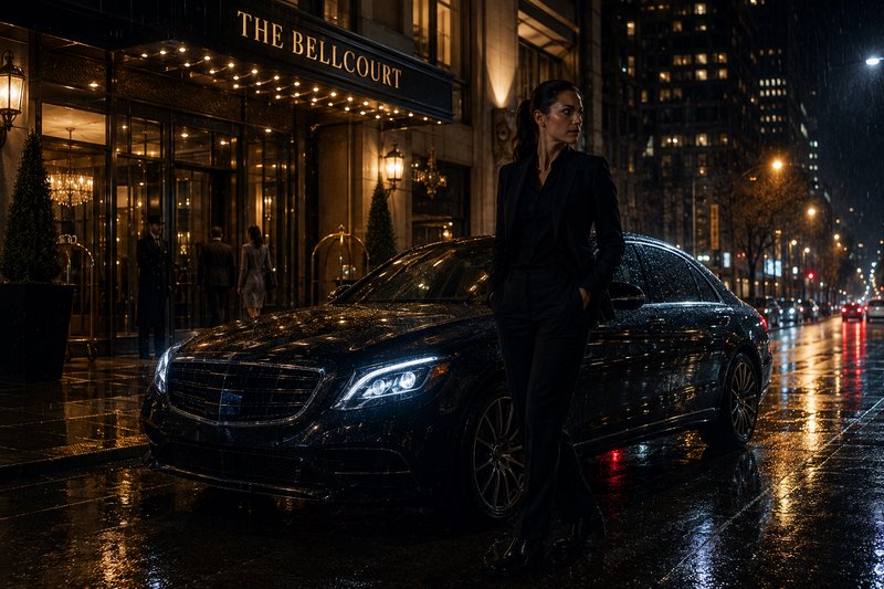 Woman in a black suit leaning on a sleek black luxury car on a rainy city street at night.
