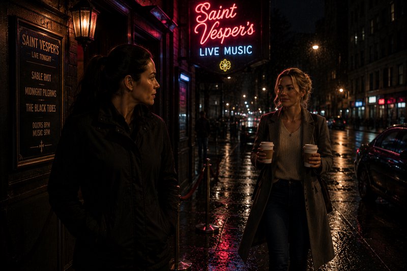 Two women converse on a rainy city street at night outside Saint Vesper's with a neon LIVE MUSIC sign.