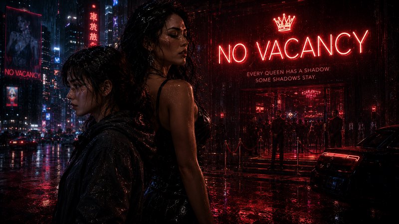 Rain-soaked urban street at night with two figures in foreground and a red neon "NO VACANCY" sign behind.
