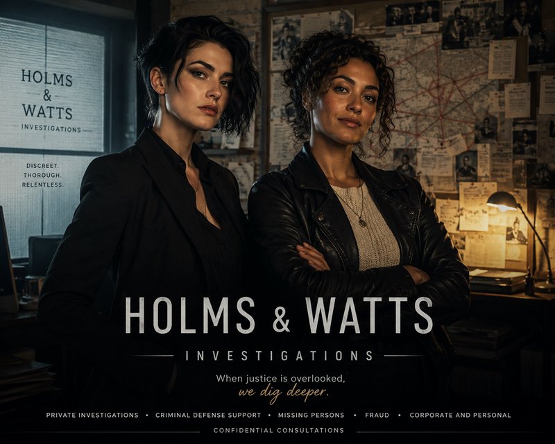 Two women detectives in a dark office, standing confidently with the Holms & Watts Investigations logo in the foreground.