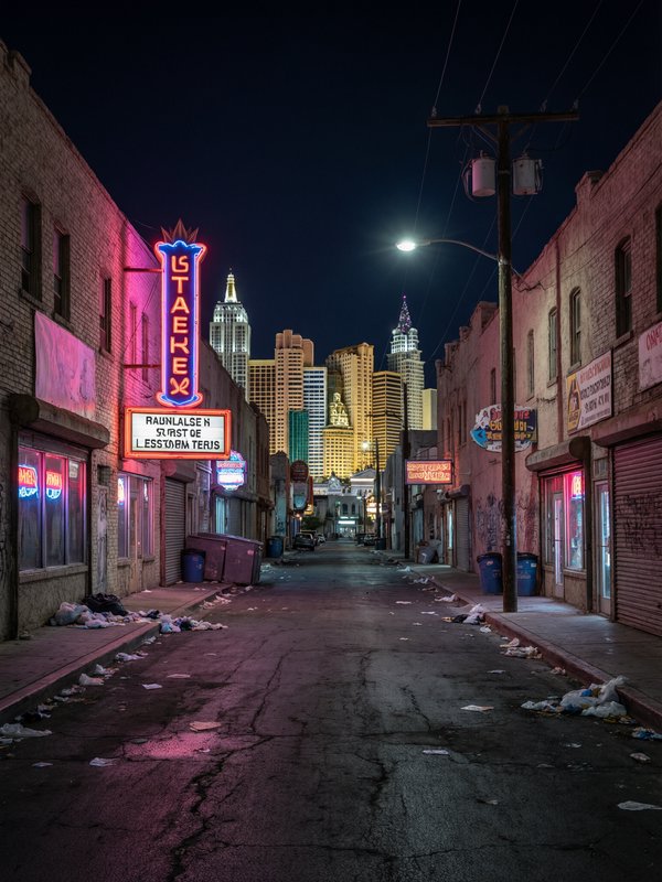 Neon-lit city alley at night with a glowing skyline in the distance and scattered trash along the curb.