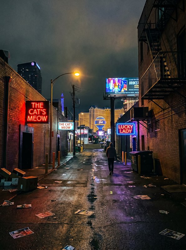 A night-time city alley with neon signs reading “THE CAT'S MEOW” and “LUCKY LADY,” a lone figure walking toward