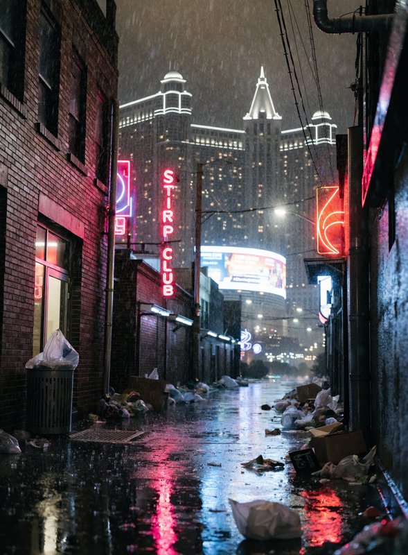 Night alley with neon signs, rain-slick pavement, and city skyline reflections.