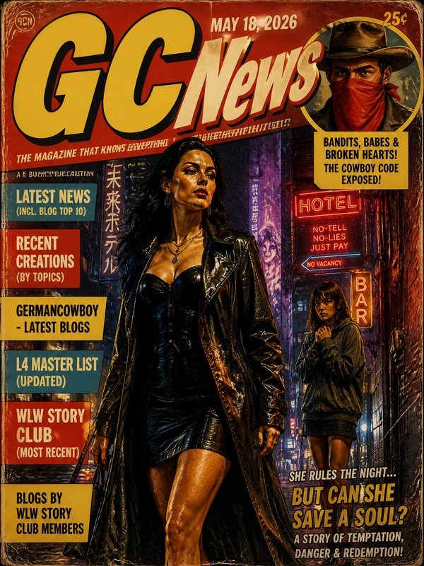 Woman in a black leather outfit walks neon-lit city street on a vintage-style magazine cover.