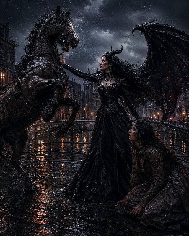 Dark fantasy scene of a winged woman in a black gown commanding a rearing horse beside a rainy waterfront.